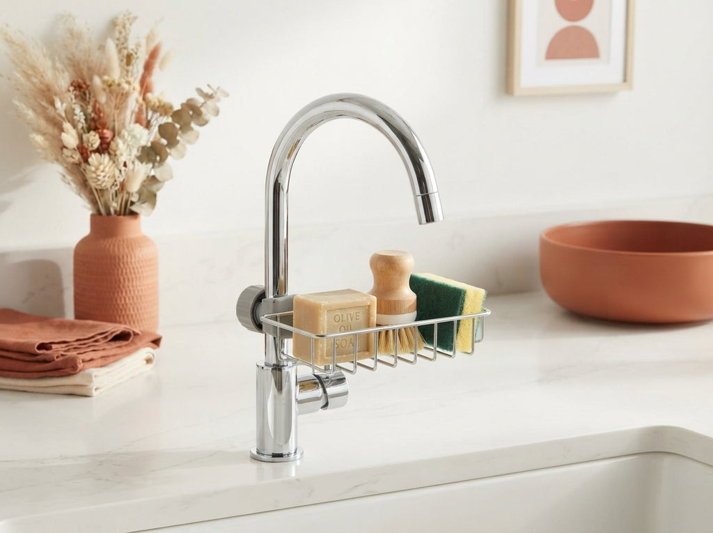 A sink caddy organizer holding soap and sponges on a bright kitchen counter, surrounded by terracotta and burnt sienna decor.