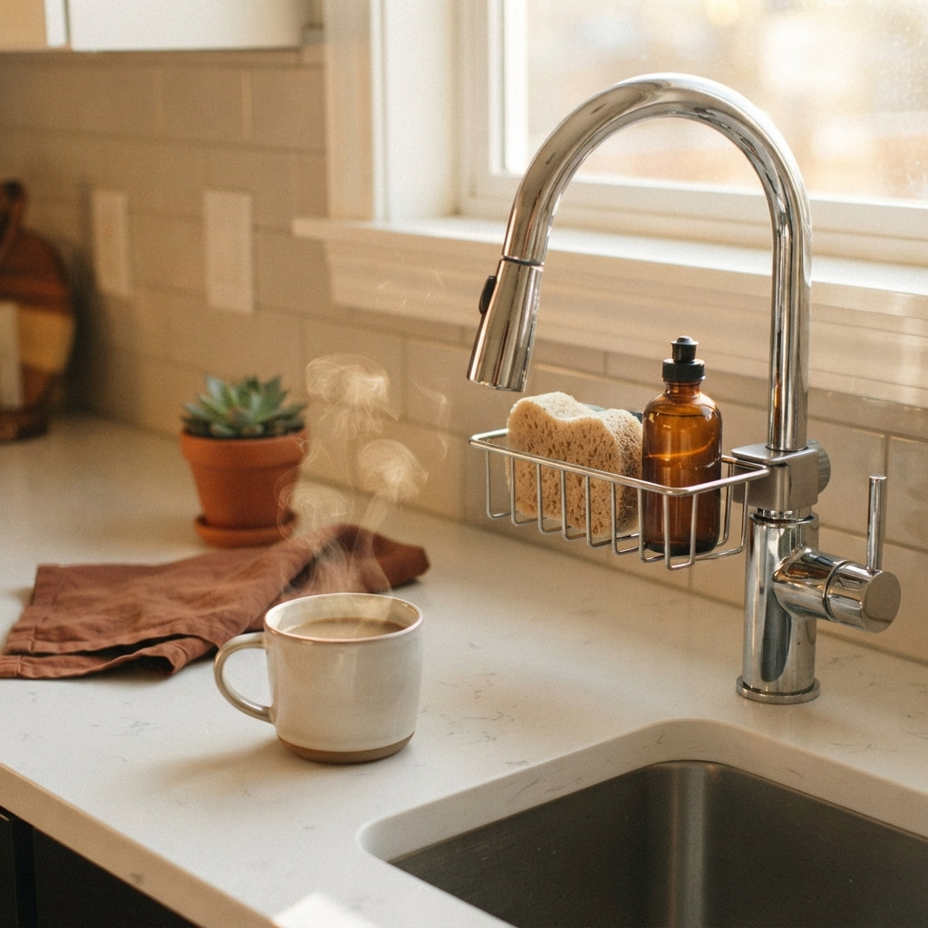 A clean, organized kitchen sink with a caddy holding soap and sponges next to a coffee mug on a white countertop.