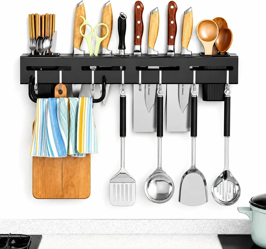 Wall Mounted Kitchen Organizer Rack with Knife Holder & Utensil Hooks